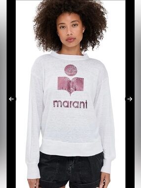 Isabel Marant Etoile White w Pink Logo Linen Slub Crew Neck Klowia Top Sz. M